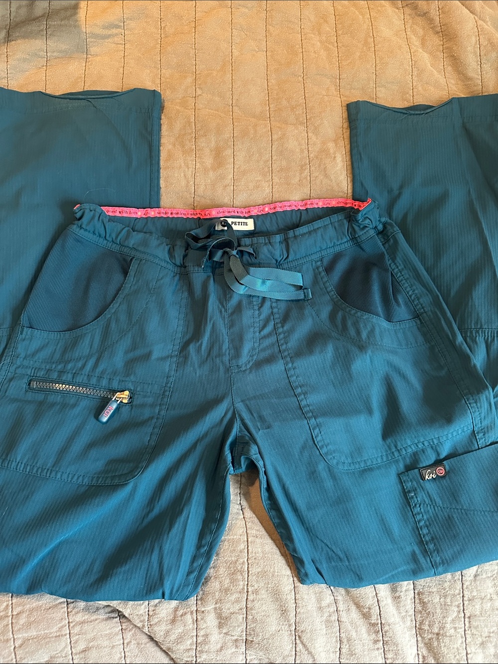 koi Teal Ribbed Cargo Scrub Pants with Drawcord Waist